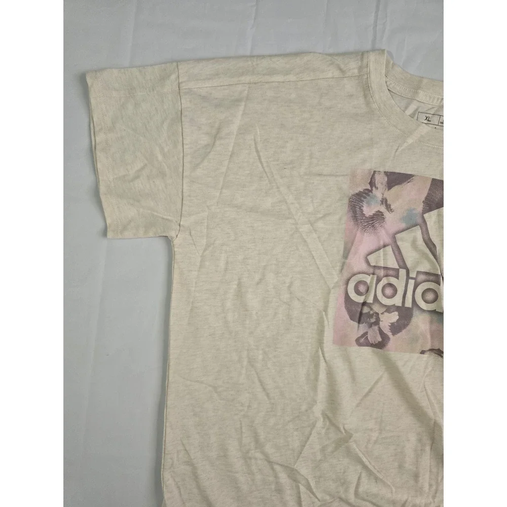 Adidas Girls XL Loose Fit Graphic T-Shirt Tan Heather Side Tie AA3189 NWT